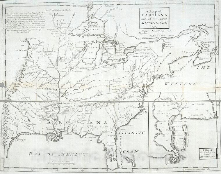 Historic 1722 Map - A Map Of Carolana And Of The River Meschacebe &C. - Vintage Wall Art