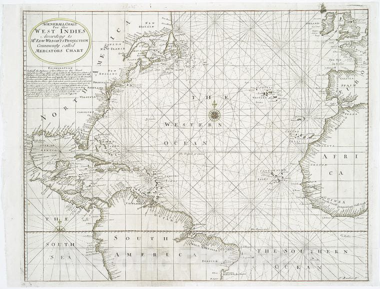 Historic 1702 Map - A Generall Chart For The West Indies : According To Mr. Edw. Wr - Vintage Wall Art
