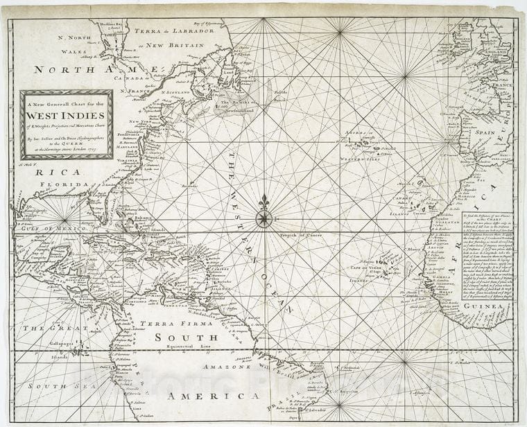 Historic 1703 Map - A New Generall Chart For The West Indies, Of E. Wrights Projecti - Vintage Wall Art
