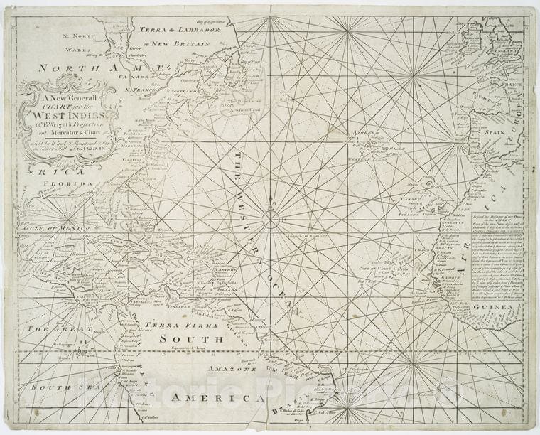 Historic 1748 Map - A New Generall Chart For The West Indies Of E. Wright'S Projecti - Vintage Wall Art