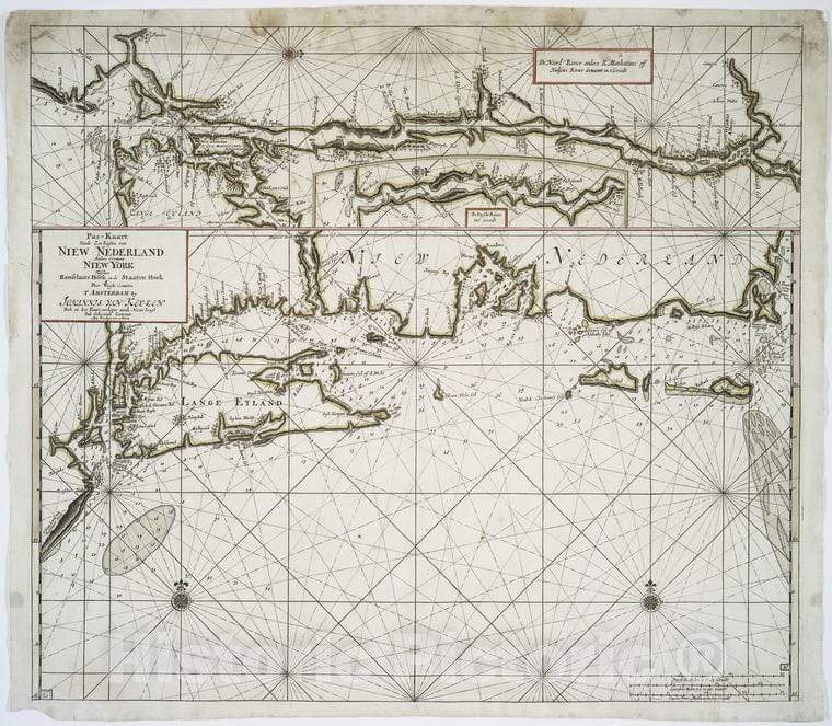 Historic 1687 Map - Pas-Kaart Vande Zee Kusten Van Niew Nederland Anders Genaamt Nie - Vintage Wall Art