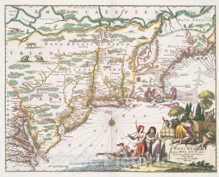 Historic 1671 Map - Novi Belgii, Quod Nunc Novi Jorck Vocatur, Novae Q[Ue] Angliae & - Vintage Wall Art