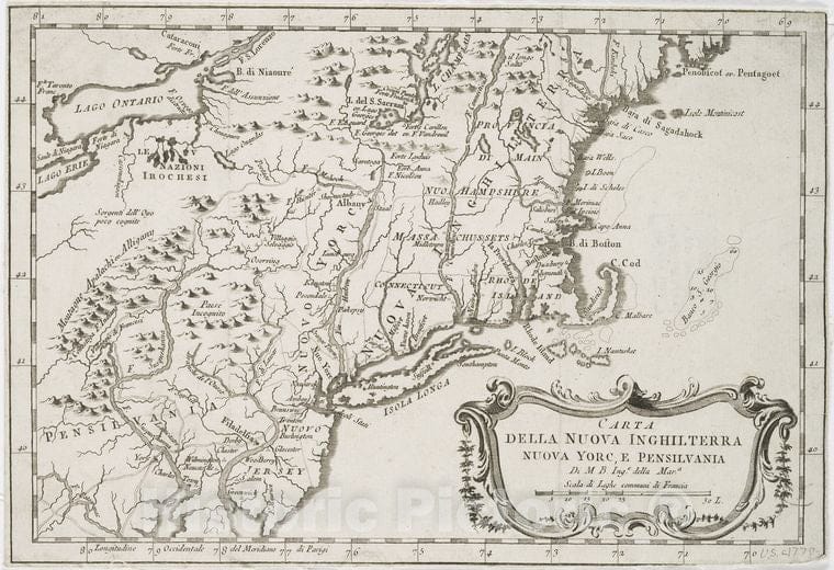 Historic 1763 Map - Carta Della Nuova Inghilterra, Nuova Yorc, E Pensilvania - Vintage Wall Art