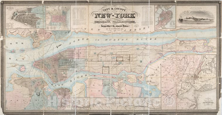 Historic 1849 Map - City & County Map Of New-York, Brooklyn, Williamsburgh, Jersey C - Vintage Wall Art