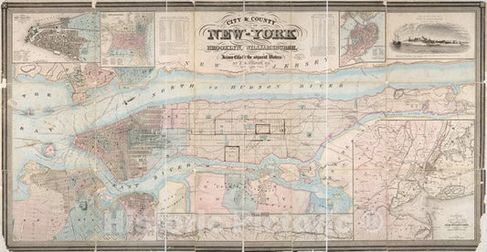 Historic 1849 Map - City & County Map Of New-York, Brooklyn, Williamsburgh, Jersey C - Vintage Wall Art