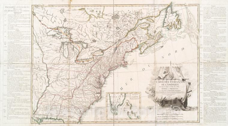 Historic 1784 Map - Carte Des Etats-Unis De L'Amerique Suivant Le Traite De Paix De - Vintage Wall Art