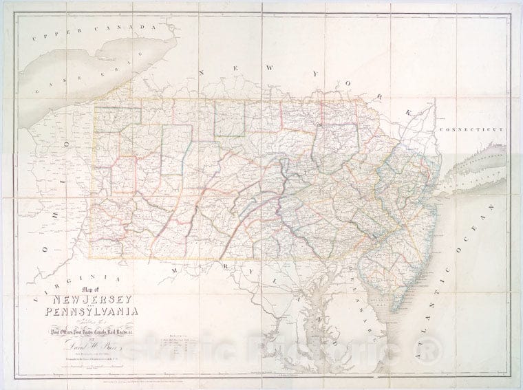 Historic Map - 1839 New Jersey (N.J.), Map Of New Jersey And Pennsylvania : Exhibiting The Post Offices, Post Roads, Canals, Rail Roads, C. - Vintage Wall Art