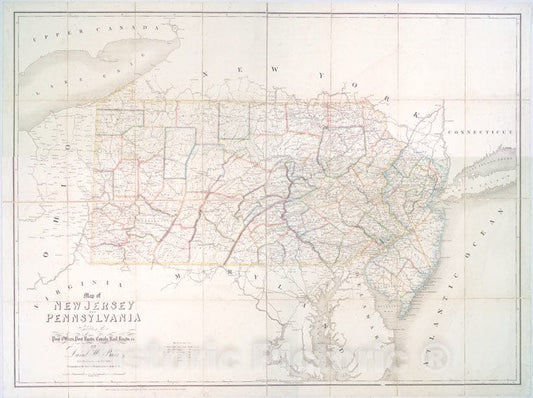 Historic Map - 1839 New Jersey (N.J.), Map Of New Jersey And Pennsylvania : Exhibiting The Post Offices, Post Roads, Canals, Rail Roads, C. - Vintage Wall Art