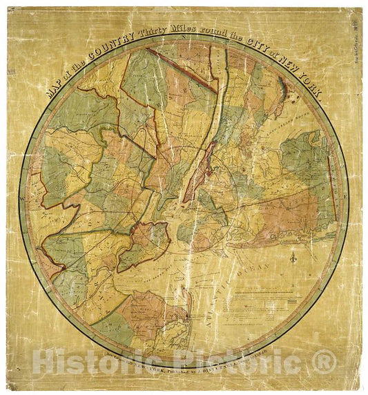 Historic 1839 Map - Map Of The Country Thirty Miles Round The City Of New York - Vintage Wall Art