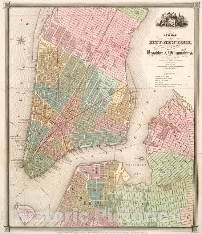 Historic 1839 Map - New Map Of The City Of New York : With Part Of Brooklyn & Willia - Vintage Wall Art