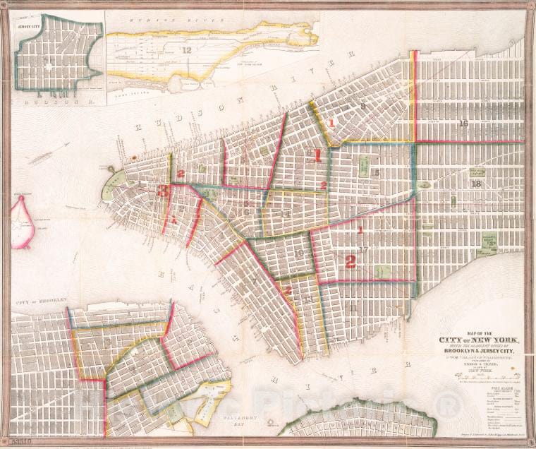 Historic 1849 Map - Map Of The City Of New York : With The Adjacent Cities Of Brookl - Vintage Wall Art