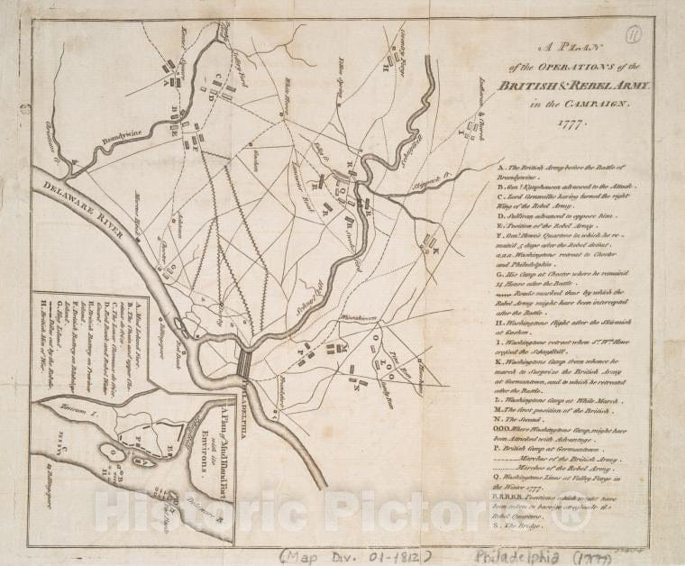 Historic 1779 Map - A Plan Of The Operations Of The British & Rebel Army In The Camp - Vintage Wall Art