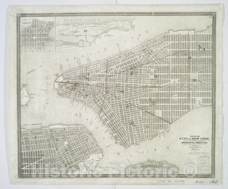 Historic 1848 Map - Map Of The City Of New York : With The Adjacent Cities Of Brookl - Vintage Wall Art