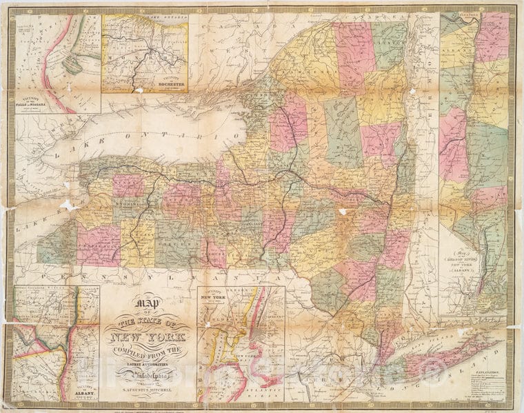 Historic 1850 Map - Map Of The State Of New York : Compiled From The Latest Authorit - Vintage Wall Art
