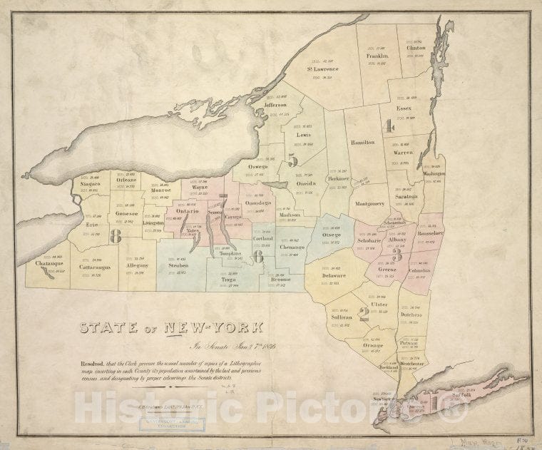 Historic 1836 Map - State Of New York : In Senate Jany. 7Th, 1836. - Vintage Wall Art