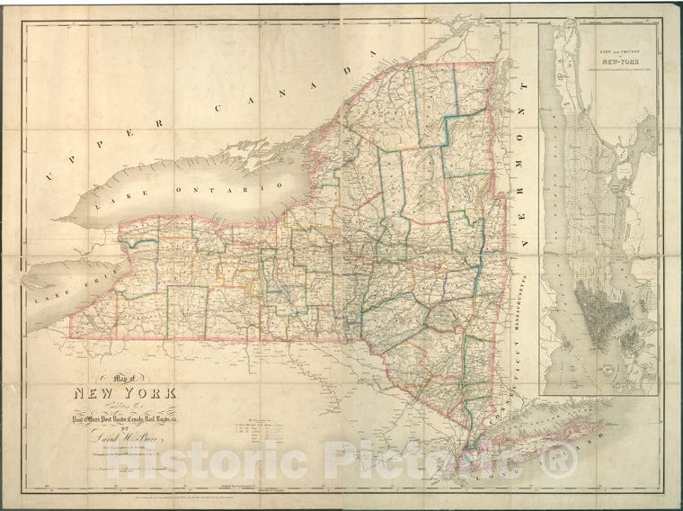 Historic 1839 Map - Map Of New York Exhibiting The Post Offices, Post Roads, Canals, Vintage Wall Art