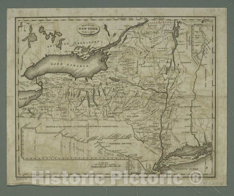 Historic 1824 Map - State Of New York, Jany. 1, 1824 : For Spafford'S Gazetteer. - Vintage Wall Art