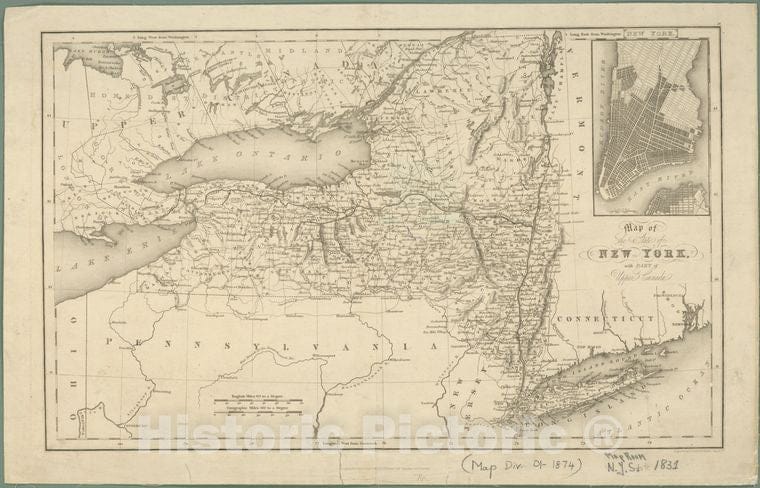 Historic Map - 1831 New York (N.Y.), Map Of The State Of New York With Part Of Upper Canada - Vintage Wall Art