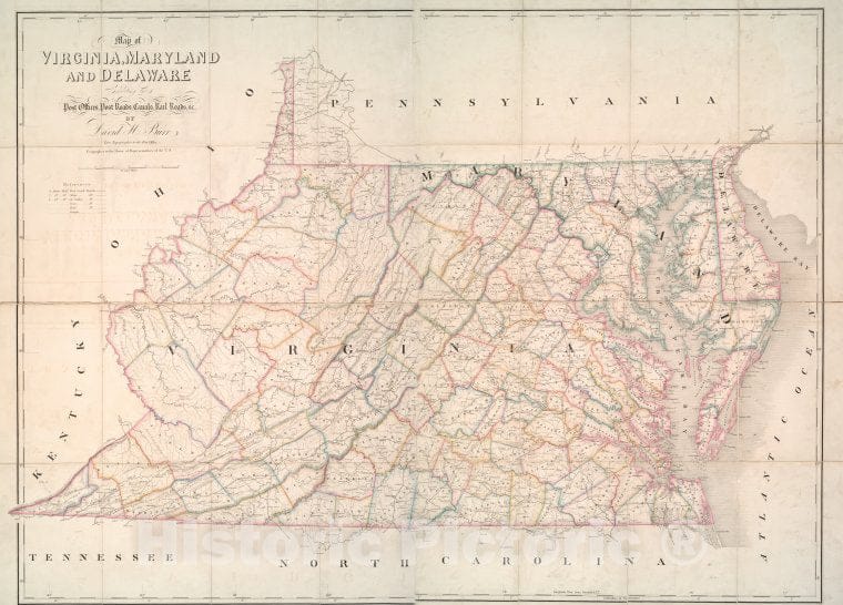 Historic Map - 1839 Map Of Virginia, Maryland And Delaware Exhibiting The Post Offices, Post Roads, Canals, Rail Roads &C. - Vintage Wall Art