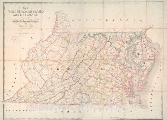 Historic Map - 1839 Map Of Virginia, Maryland And Delaware Exhibiting The Post Offices, Post Roads, Canals, Rail Roads &C. - Vintage Wall Art