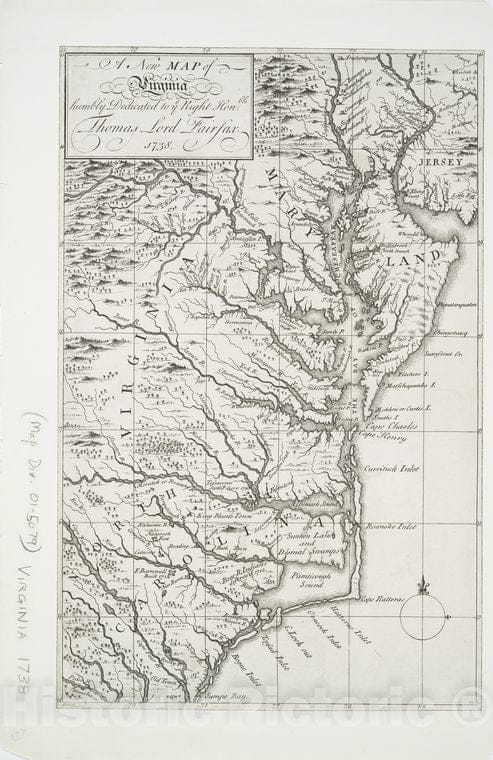 Historic 1738 Map - A New Map Of Virginia. - Vintage Wall Art