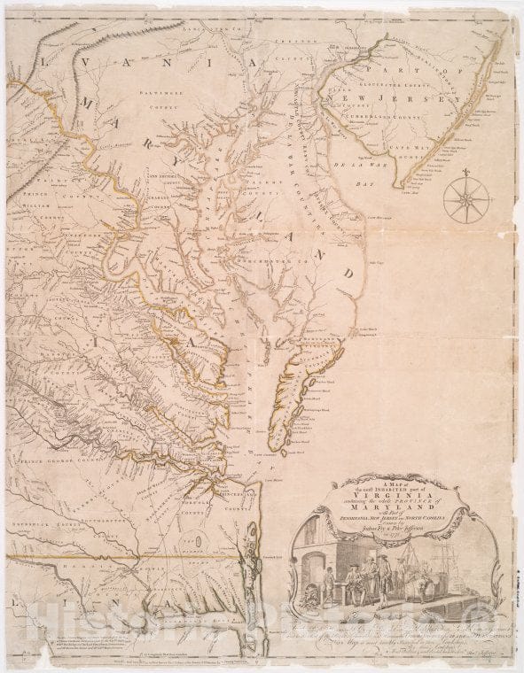 Historic 1775 Map - A Map Of The Most Inhabited Part Of Virginia Containing The Whol - Vintage Wall Art, V2