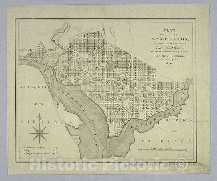 Historic 1793 Map - Plan Der Stad Washington : Bestemd Tot De Hoofdstad Van America, Vintage Wall Art