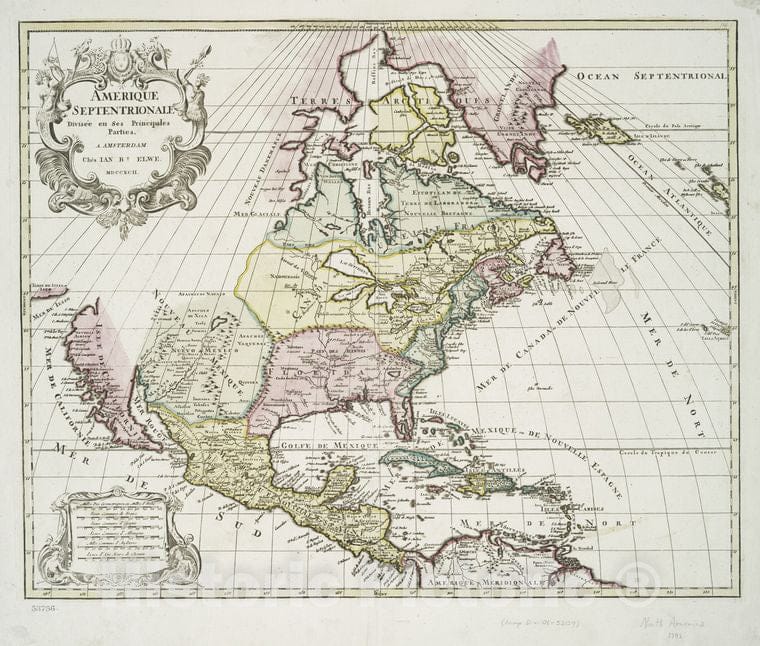 Historic Map - 1792 Amerique Septentrionale Divisee En Ses Principales Parties. - Vintage Wall Art, V2