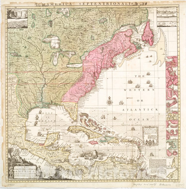 Historic 1733 Map - A Map Of The British Empire In America With The French And Spani - Vintage Wall Art