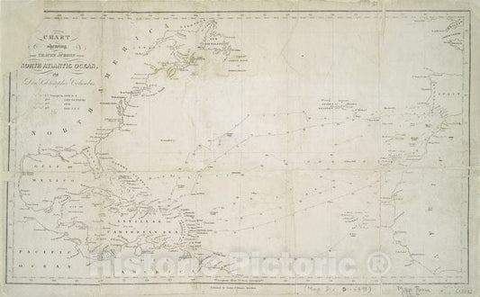 Historic Map - 1850 North Atlantic Ocean, Chart Shewing The Tracks Across The North Atlantic Ocean, Of Don Christopher Columbus - Vintage Wall Art