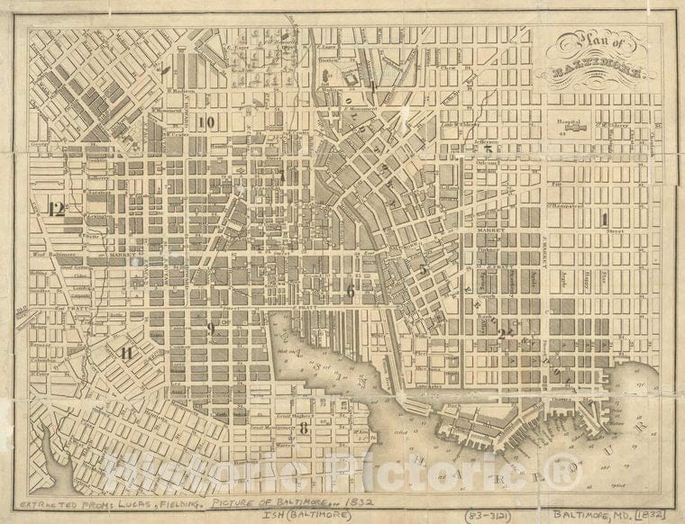 Historic 1832 Map - Plan Of Baltimore. - Baltimore (Md.) - Maps Of North America. - Maryland - Vintage Wall Art