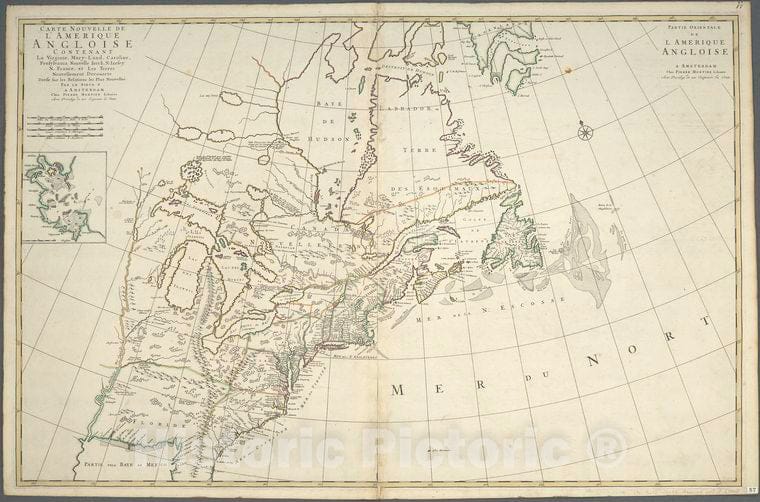 Historic 1700 Map - Carte Nouvelle De L'Amerique Angloise : Contenant La Virginie, M - Vintage Wall Art