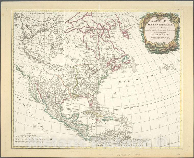 Historic Map - 1783 North America, Amerique Septentrionale Dressee Sur Les Relations Les Plus Modernes Des Voyageurs Et Navigateurs Ou Se Remarquent Les Etats - Vintage Wall Art