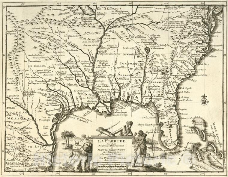 Historic Map - C1722 Florida, La Floride : Suivant Les Nouvelles Observations De Messrs. De L'Academie Royale Des Sciences, Etc. Augmentees De Nouveau. - Vintage Wall Art