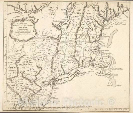 Historic Map - 1764 New York (N.Y.), Carte De La Nouvelle Angleterre : New York, Pensilvanie Et Nouveau Jersay Suivant Les Cartes Angloises. - Vintage Wall Art