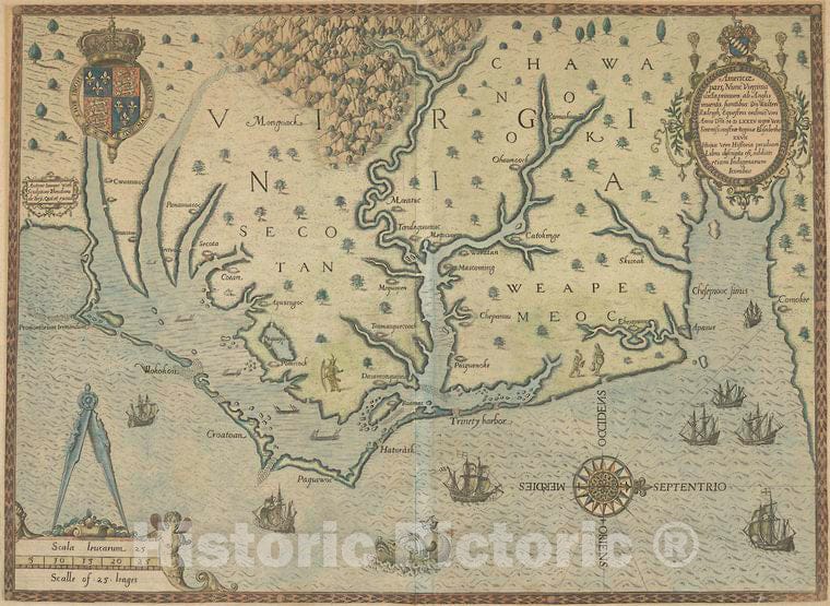 Historic 1590 Map - Americae Pars, Nunc Virginia Dicta : Primum Ab Anglis Inuenta, S - Vintage Wall Art