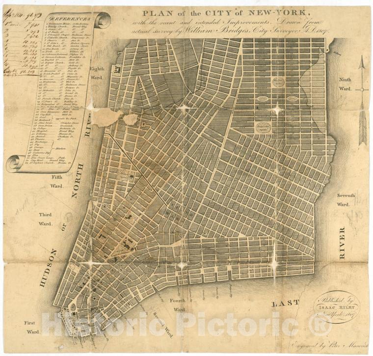 Historic 1807 Map - Plan Of The City Of New-York : With The Recent And Intended Impr - Vintage Wall Art