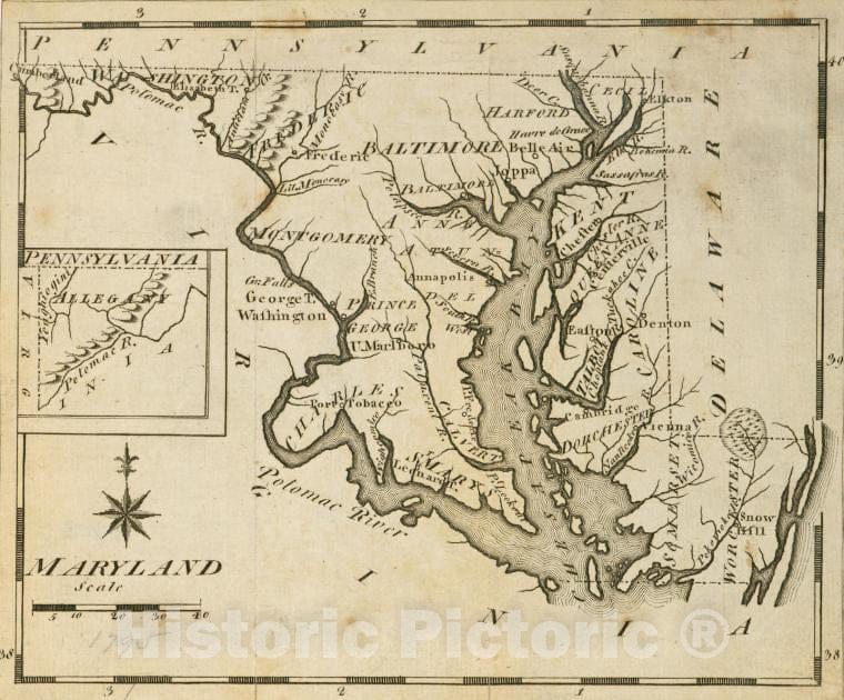 Historic 1795 Map - Maryland. - Maryland - Maps - Early Works To 1800Maps Of North America. - Maryland - Vintage Wall Art