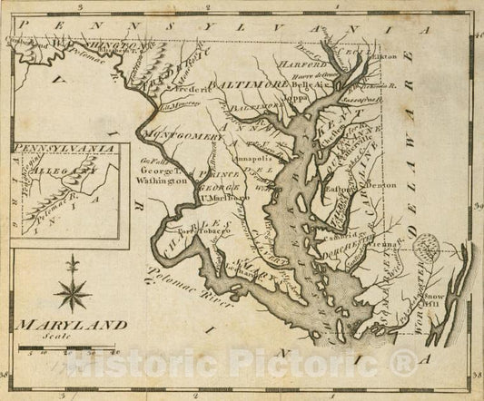Historic 1795 Map - Maryland. - Maryland - Maps - Early Works To 1800Maps Of North America. - Maryland - Vintage Wall Art
