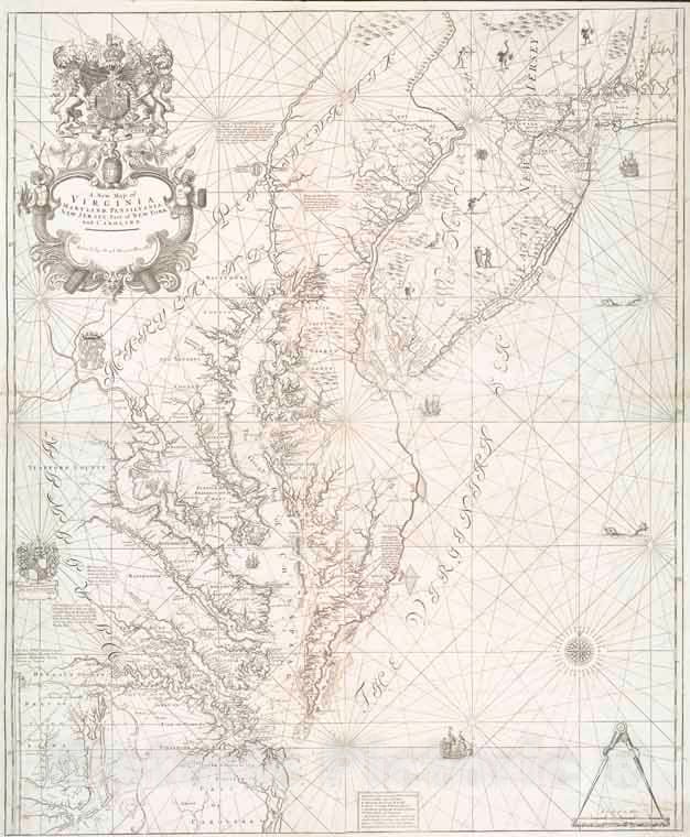 Historic 1727 Map - A New Map Of Virginia, Maryland, Pensilvania, New Jersey, Part O - Vintage Wall Art