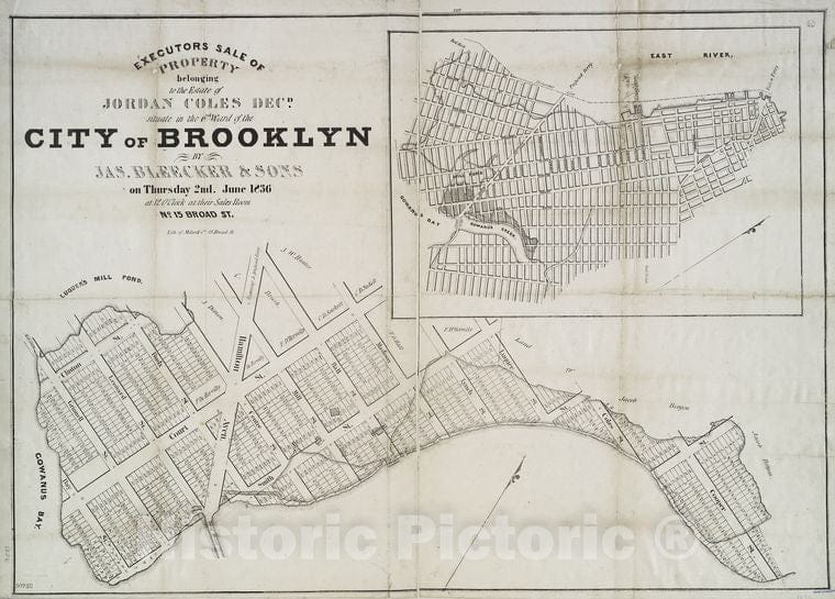 Historic 1836 Map - Executors Sale Of Property Belonging To The Estate Of Jordan Col - Vintage Wall Art