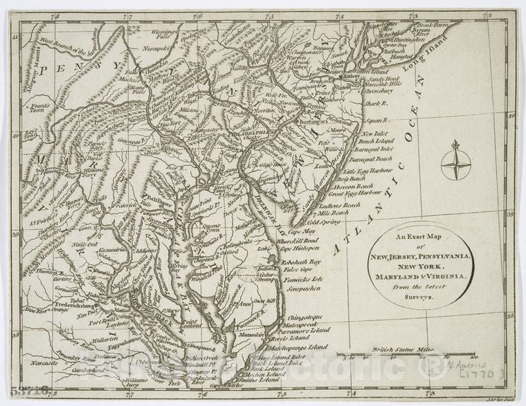 Historic 1778 Map - An Exact Map Of New Jersey, Pensylvania, New York, Maryland & Vi - Vintage Wall Art