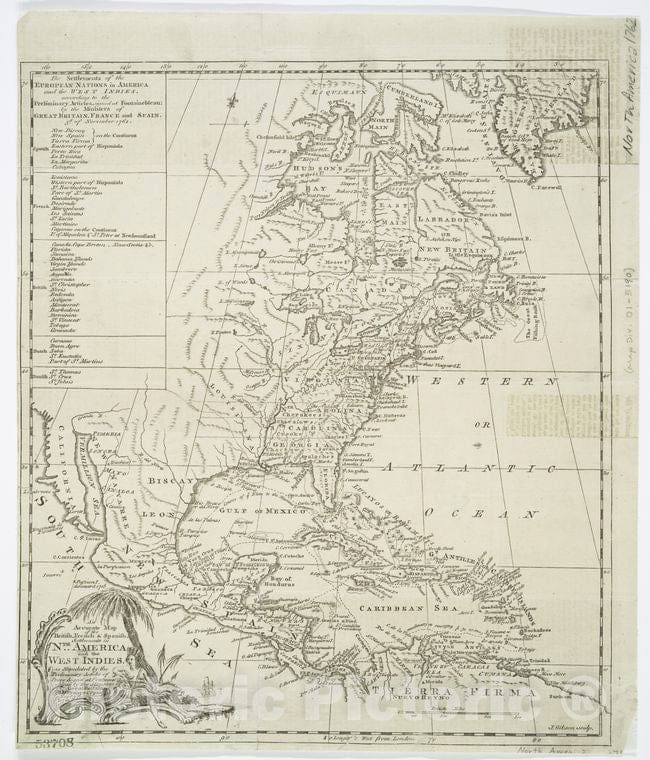 Historic 1762 Map - An Accurate Map Of The British, French & Spanish Settlements In - Vintage Wall Art