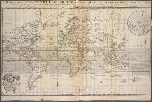 Historic 1705 Map - A New Map Of The World According To Wrights Alias Mercators Proj- Charts And Maps - Vintage Wall Art