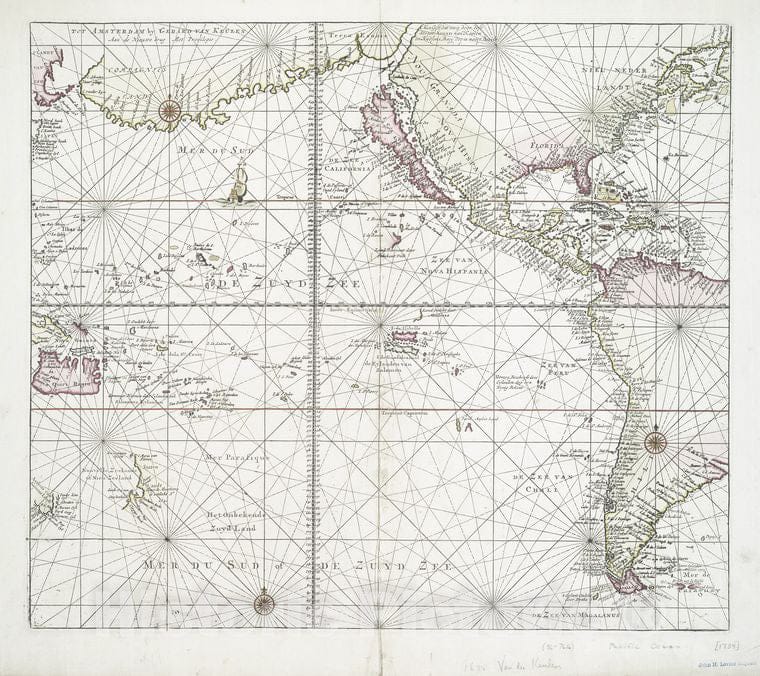 Historic 1734 Map - Pacific Ocean Showing Part Of North And South America. - Pacific Ocean - Vintage Wall Art