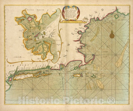 Historic 1702 Map - A Large Draught Of New England, New York And Long Island ; Bosto - Vintage Wall Art
