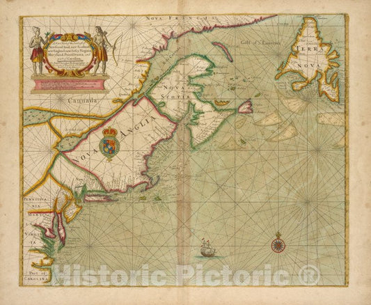 Historic 1702 Map - A New Chart Of The Sea Coast Of Newfound Land, New Scotland, New - Vintage Wall Art