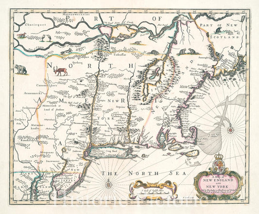 Historic 1676 Map - A Map Of New England And New York - New England - New Jersey - New York (State) Maps Of North America. - Vintage Wall Art