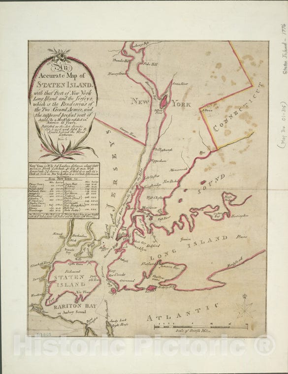 Historic 1776-10-03 Map - An Accurate Map Of Staten Island : With That Part Of New York, L - Vintage Wall Art, V2