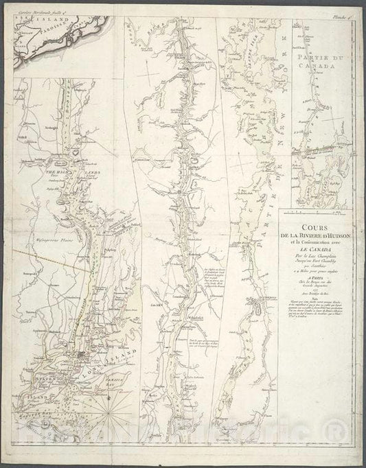 Historic Map - 1777 Hudson River Valley (N.Y. And N.J.), Cours De La Riviere D'Hudson Et La Camunication C Le Canada Par Le Lac Champlain Jusqu'Au Fort Chambly. - Vintage Wall Art